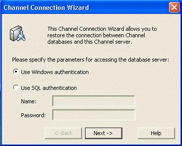 Prism Console Users Guide Channel Connection Wizard - Authentication dialog Indicate the mode you want to use when connecting to the SQL Server database that stores Channel information.