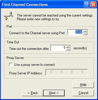 Prism Console Users Guide Find Channel Connections dialog This dialog box is displayed while using the Expert to find a Channel if the computer you specified cannot be contacted using the known