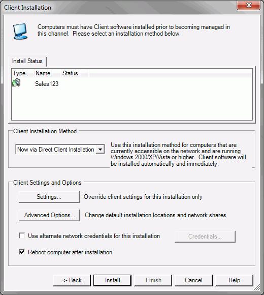 Managing Computers Client Installation Dialog On this dialog, choose the client installation method and options for the computer.