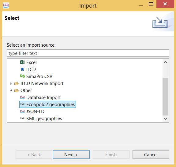 Figure 13: Import geographic data as KML or EcoSpold2 format to existing locations, step 2 Figure 14: Import geographic data as KML or EcoSpold2 format to existing locations,