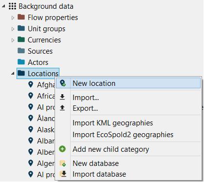 2.1 Create locations in the navigation pane Locations are now included in openlca as a specific element within the Background data folder in the navigation pane.