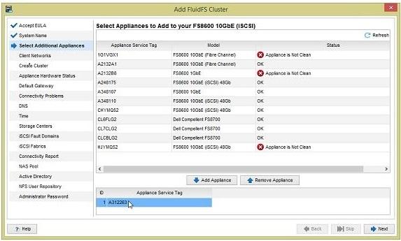 Figure 14. Add FluidFS Cluster Wizard Select Appliances Page Steps 1. Add or remove appliances from the cluster. To add an appliance, select an appliance in the upper pane, then click Add Appliance.