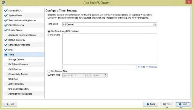 Figure 19. Add FluidFS Cluster Wizard Configure Time Settings Page Steps 1. From the Time Zone drop-down menu, select the time zone where the FluidFS cluster is located. 2.