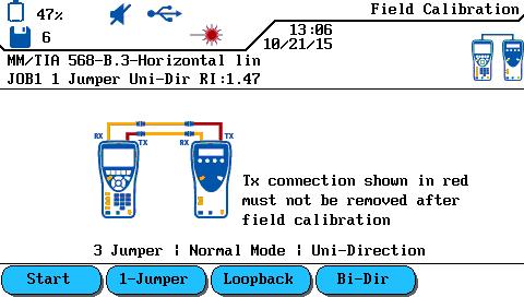 Fig. 3 One Jumper Field Calibration If it is not possible or practical to plug the cable under test directly into the Rx Port (for example if it is a Permanent Link) the 3-Jumper test method must be