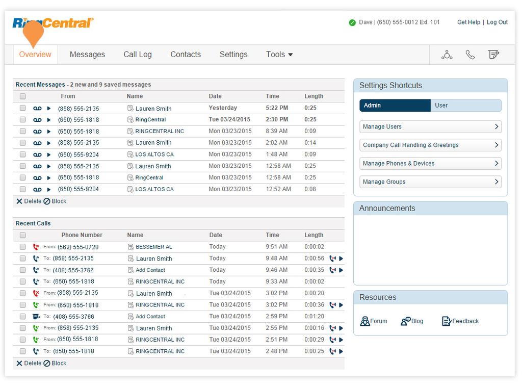 RingCentral Office User Guide Using Your Account Overview Page The Overview Page is your account homepage. It shows your recent voicemail, faxes, and inbound and outbound calls.