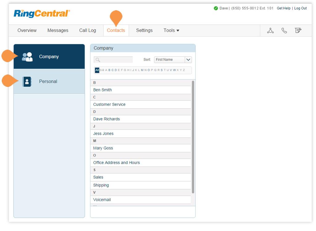 RingCentral Office User Guide Using Your Account Contacts Contacts include Company contacts, which are all the users in your RingCentral system.