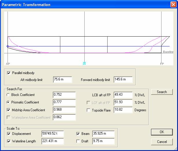 Chapter 5 Using Maxsurf Using Parametric Transformation Maxsurf Pro has the ability to perform parametric transformations of hull shapes using the Parametric Transformation command in the Data menu.
