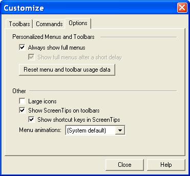 Note: As long as the Customize dialog is open, you can drag and drop toolbar buttons between different toolbars and the toolbar buttons are inactive; i.e. they will not work.