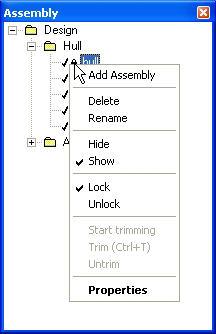 Chapter 4 Maxsurf Windows Assembly window Context Sensitive Menu for Surfaces For assemblies this context sensitive menu contains: Add Delete Rename Hide Show Lock Unlock Adds a new assembly, with