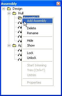 Chapter 4 Maxsurf Windows Assembly window - Context Sensitive Menu for Assemblies Assembly window Icons Icons are used next to each item to show its current state i.e. unlocked/locked, visible/hidden, and also for assemblies, i.