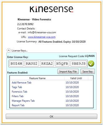 Demo License please note the License Request Code (middle left of About Box) and email this code to Kinesense on info@kinesense-vca.