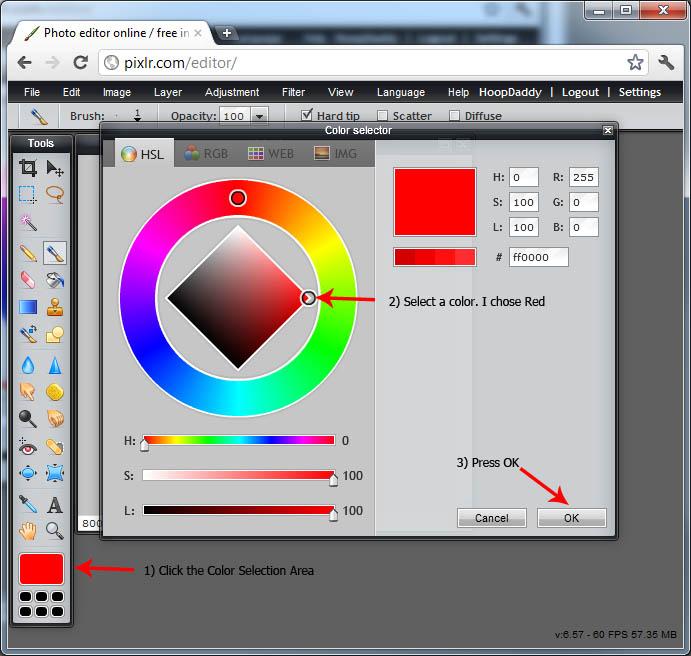 1) Click the color selection area. This will open the color selection dialog.
