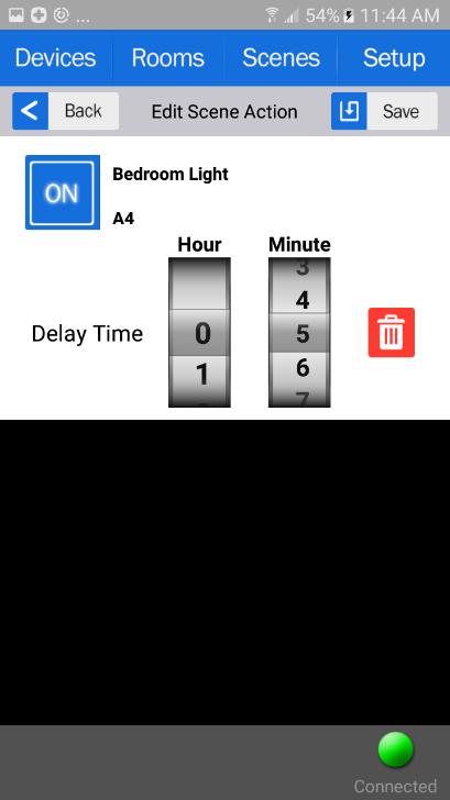 As anther example: in this cnfiguratin, we are telling the Bedrm Light device t turn ON 5 minutes after we press