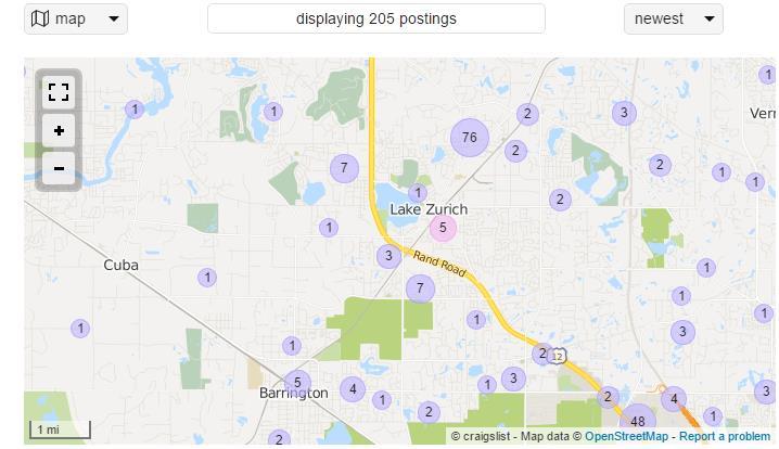 In the map view, click numbers to see what other Craigslist users are offering where. There are also options at the left side of the screen.