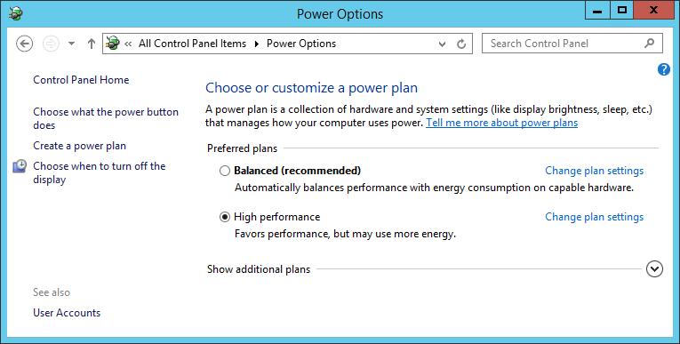 6 Windows 2012 R2 Configuration 6.1 Power plan To maximize performance, the server was configured to use the High performance power plan as shown in Figure 9. Figure 9 Windows power plan 6.