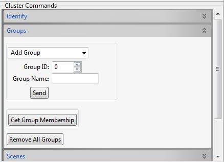 6.3.2 Group Commands The Group cluster allows for group addressing. Commands defined for the Group cluster can be sent from the command interface on the Devices tab.