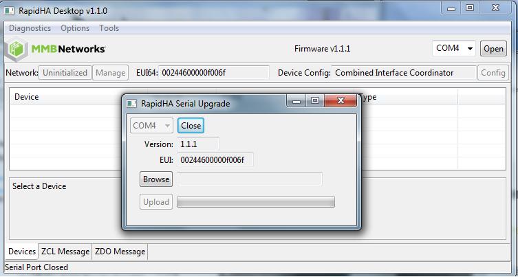 Figure 5: Serial Upgrade Popup Window After the desired.mbl file is opened, click on the button labeled Upload. When the upgrade has completed, a status window will report its success.