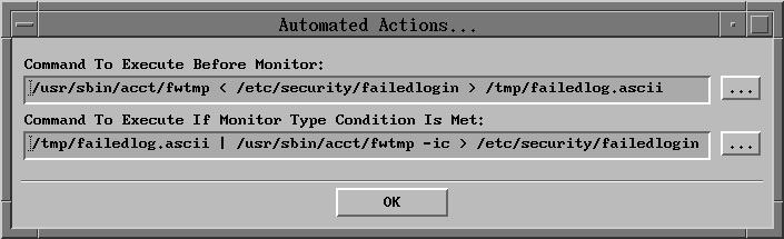 Figure 56. Example of a File Monitoring Condition - Automated Actions The command /usr/sbin/acct/fwtmp < /etc/security/failedlogin > /tmp/failedlog.