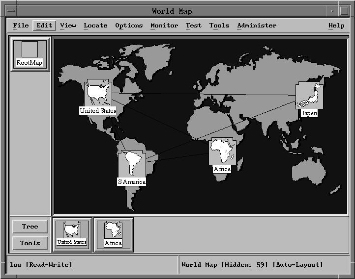 Figure 12. Example of a Customized Internet Submap Figure 13 on page 77 shows the United States submap. Six container objects hae been created in this submap.