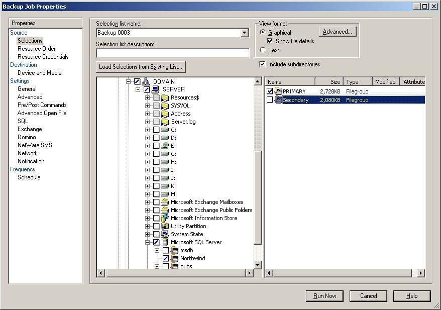 Backup Exec displays SQL Filegroups and allows you to easily select the groups you want to include with each backup.