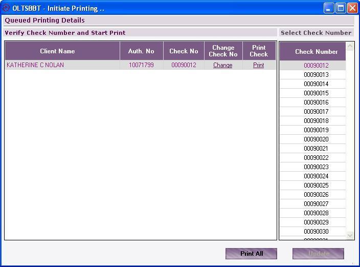 4.5 A verify page will display indicating the check number that will print. If you need to change the check number select Change, and manually enter a check number.