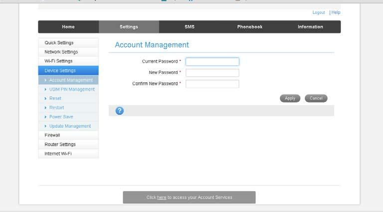 SETTINGS > DEVICE SETTINGS > ACCOUNT MANAGEMENT Use the Account Management settings to change the administrator password if required. The default password is password.