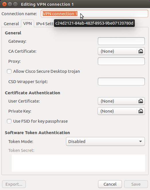 (On Ubuntu 14.04, the Software Token Authentication part is missing.) Fill in a connection name of your preference. As the gateway, fill in vpn2.tue.nl.