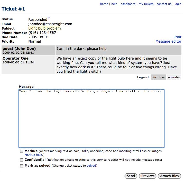 Pic. 11 Ticket page, customer posts a follow-up message. Submission of a follow-up message results in email notification to the operator that owns the ticket.