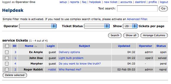 3.1 Sorting tickets By default the ticket browser sorts tickets by the update date, most recently updated tickets on the top. Note that the active column is shown in bold typeface.