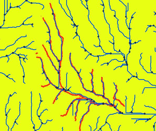 (The red line is NHD flow lines and the blue line is SWAT stream network based on the DEM with a 216 ha
