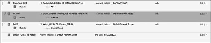 For the condition, choose DEVICE > Device Type. 5. Set the operator to Equals. 6. Choose the Network Device Group VPN. Figure 13-14 shows the selection of the conditions.