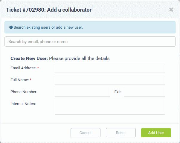 The 'Add a collaborator' dialog allows you to add a user in two ways: Enter the name or email ID of a user in the search field. Select the user from the suggestions that appear and click 'Continue'.