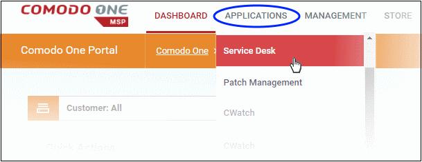 After logging in to C1, you can open the service desk module by clicking 'Applications' > 'Service Desk': Admins with appropriate privileges can setup two factor-authentication for additional login
