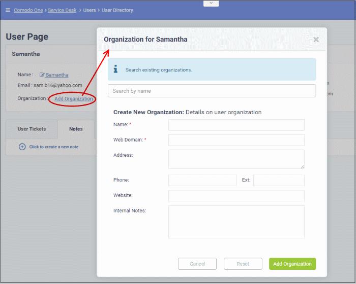 You can assign the user to an existing organization, or create a new Organization and add the user to it.