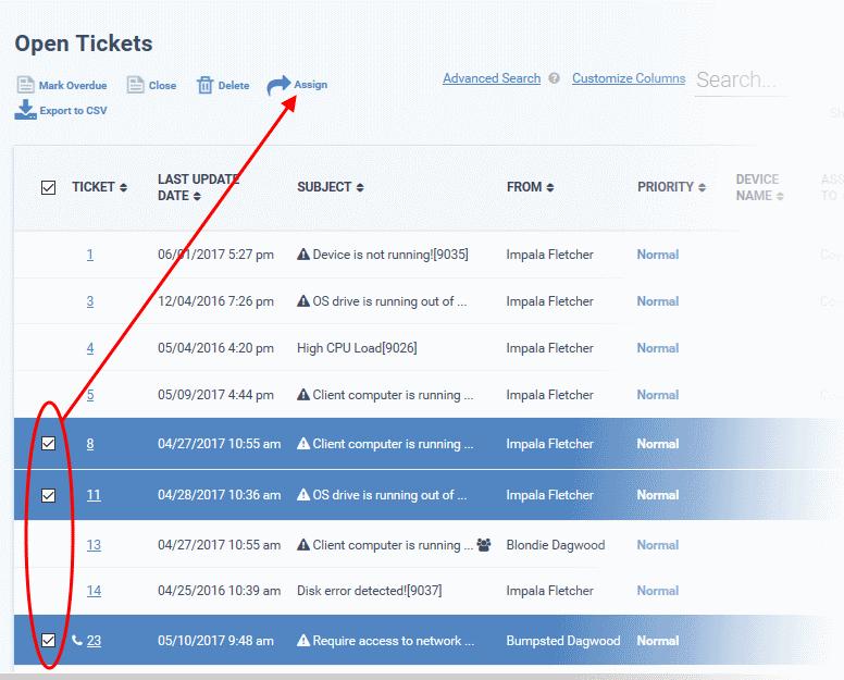 The ticket will be added to the 'Tickets' interface. You or the staff member to whom the ticket is assigned can view/update the ticket by clicking the subject or ticket number.