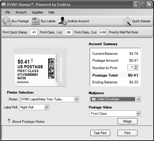 4 Select Buy Postage from the Account menu and purchase postage for your account. 5 Select LabelWriter Twin Turbo from the Printer drop-down list under Printer Selection.