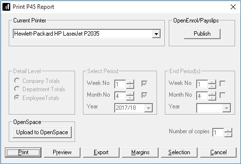 P45s 1. From Reports Library Selection Miscellaneous, and select P45 (OpenPayslips) (this only needs to be done once) 2. Go to Employee P45 Routines Issue P45 3. Choose the employee and click OK 4.