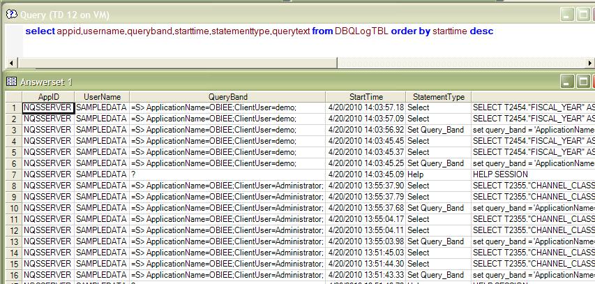Testing Query Band Configuration Make sure that you have reloaded the metadata for the server via the Answers link or by restarting