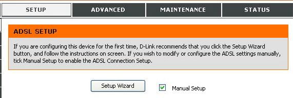 Configuration ADSL Setup - Setup Wizard The quickest way for most users to establish the Internet connection is to use the Setup Wizard accessed from the ADSL Setup menu.