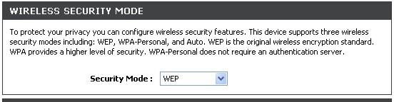 Configuration Wireless Setup WEP WEP (Wireless Encryption Protocol) encryption can be enabled for basic security and privacy.
