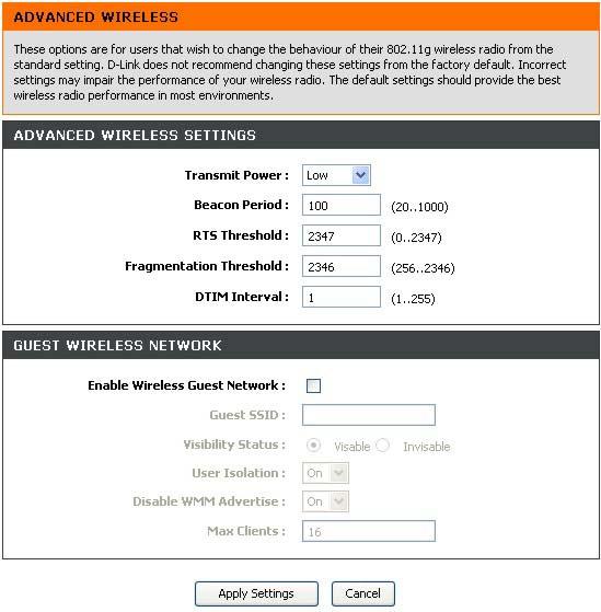 Advanced Configuration Advanced Wireless Advanced Wireless settings are used to tweak various wireless transmission parameters and to enable an additional SSID or Guest SSID.