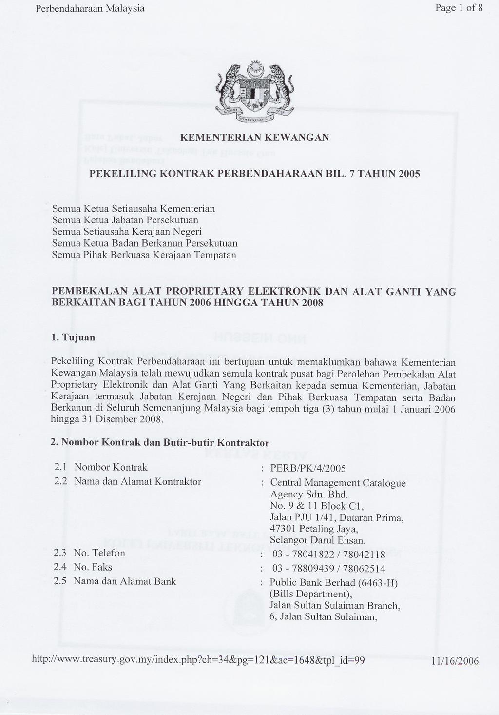 Perbendaharaan Malaysia Page 1 of 8 KEMENTERIAN KEWANGAN PEKELILING KONTRAK PERBENDAHARAAN BIL.