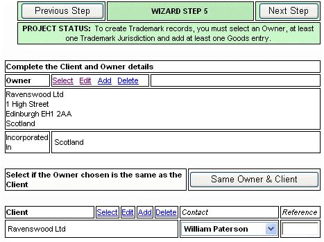 Step 5 Select the name and address of the applicant and the client You can use the Edit link to amend or add information to the Companies record for the Owner or Client, but any changes you make will