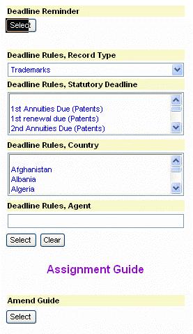 Deadline Reminder: Used to set a progression of reminders before or after another deadline Deadline Rules, Record Type: Select the type of rule, i.e. for trademarks or patents Deadline Rules,
