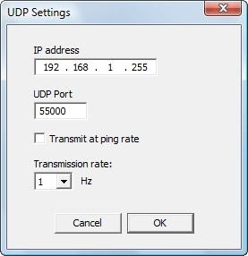 The UDP Configuration dialog shows the current UDP settings: IP address, UDP port number, transmission frequency and UDP message format.