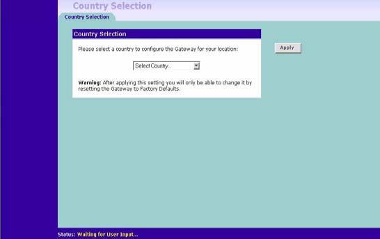 Select the country you wish to configure the Router for, then click Apply.