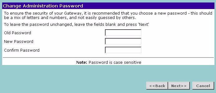 32 CHAPTER 4: RUNNING THE SETUP WIZARD Password Figure 14 Change Administration Password Screen When the Change Administration Password screen (Figure 14) appears, type the Old Password, then a