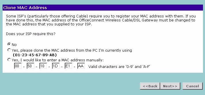 The Clone MAC Address screen displays.