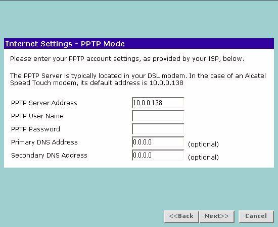 Accessing the Wizard 37 PPTP Mode Figure 21 PPTP Mode Screen To setup the Router for use with a PPTP connection, use the following procedure: 1 Enter your PPTP server address in the PPTP Server