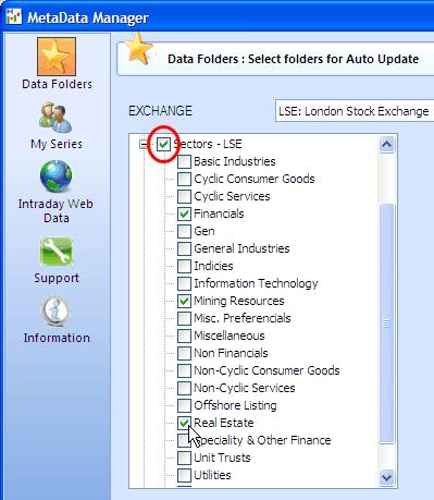 If you wish to update just one or two sub-folders, for example, Financials under Sectors, you need to tick both the main folder 'Sectors' (see red circle in